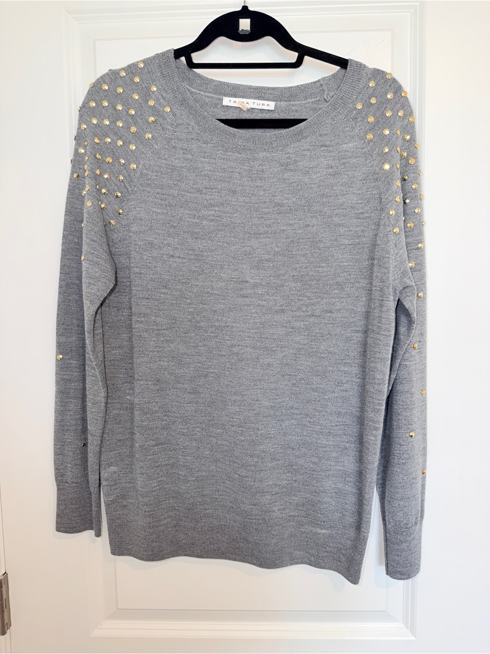 Trina Turk Gray/Gold Embellished Shoulder Sweater Merino Wool - Women's